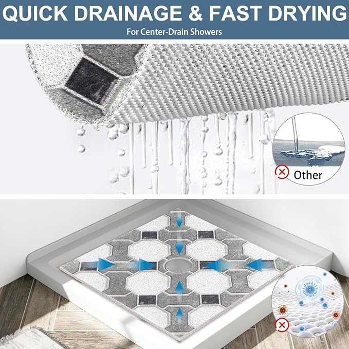 Square Shower Mat Non Slip: 32x32 Inch Extra Large Shower Mats for Inside Shower, Non Slip Shower Mat with Drain Hole in Middle- Anti Slip Shower Floor Mat, Loofah Shower Stall Mats for Elderly