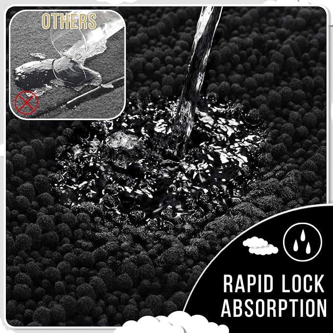 Yimobra Bathroom Rugs Non Slip Washable 32x20 Inch - Ultra Soft Absorbent Chenille Bath Mat, Quick Dry Shaggy Floor Carpet for Tub Shower, Black Home Decor Accessories
