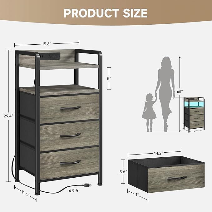 Lazzanto Night Stand with Charger Station - Grey Nightstand with LED Light Strip, Morden Bedside Table with USB Ports & AC Outlets, End Table with Storage Shelf & 3 Fabric Drawers