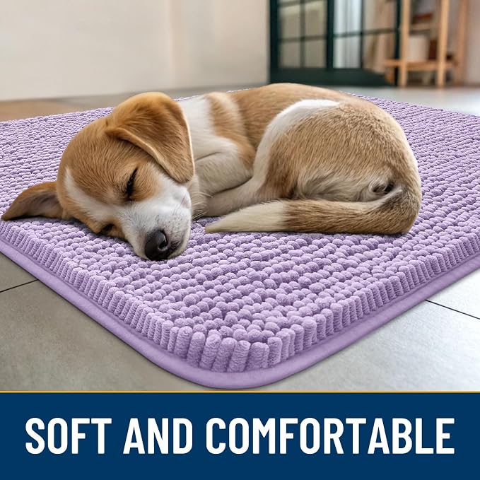 Smiry Dog Door Mat for Muddy Paws 30x20, Absorbent Dirt Trapper, Non-Slip Washable Chenille Entryway Rug for Inside Floor, Lavender, Classic Solid