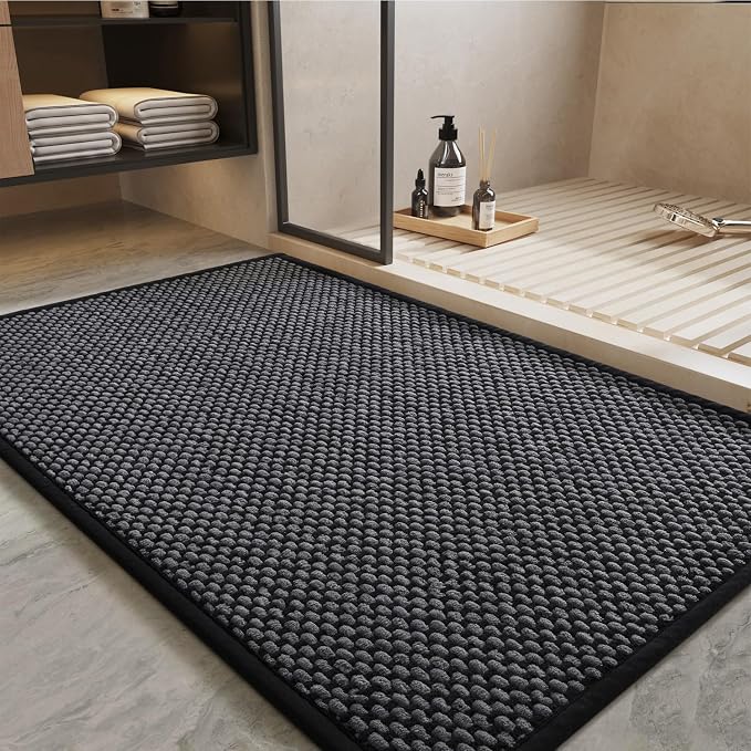 PADOOR-Bath Mat-Super Absorbent Chenille Bathroom Mats-Rubber Backed Bath Mats for Bathroom Non Slip, Easy Clean Bathroom Rugs Front of Bathtub,Shower Room,Sink-17×28, Darkgrey&Black