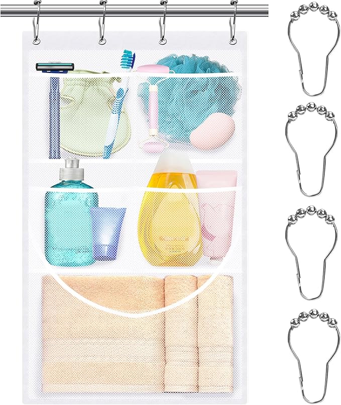 Mesh Shower Caddy Hanging,Hanging Mesh Pockets Shower Curtain Liner Pockets Hanging with Pockets Quick Dry Cruise RV Camper Bathroom Organizer with Shower Curtain Hooks