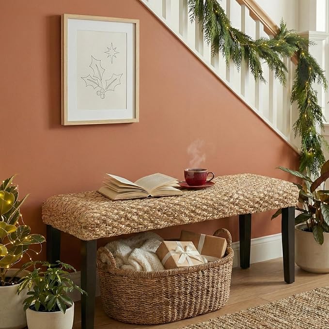 Solid Wood Acacia Indoor Bench with Natural Woven Seat, Boho Bench Entryway, Wood Bench for Living Room, Wooden Bench for Bedroom, Farmhouse Entryway Bench, Dining Benches (Black, Water Hyacinth)
