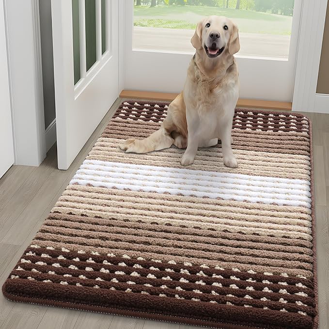 Kitinjoy Indoor Outdoor Door Mat, 48x30 Non-Slip Absorbent Dirt Trapper, Low-Profile Washable Inside Entrance Front Floor Mat, Sturdy Soft Entry Dotted Ombre Doormats for Entryway, Brown