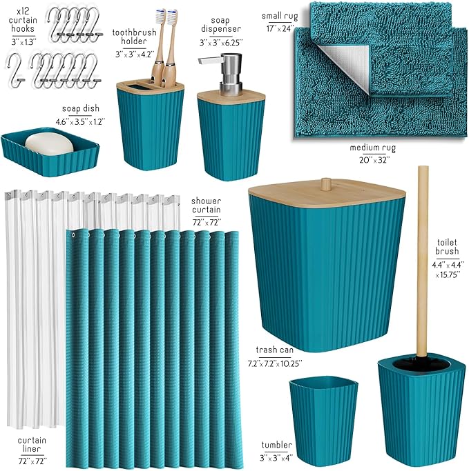 Clara Clark Bathroom Accessories Set - Bathroom Set, Bathroom Sets with Shower Curtain and Rugs, Shower Curtain Set with Bathroom Trash Can - Teal - 22PC