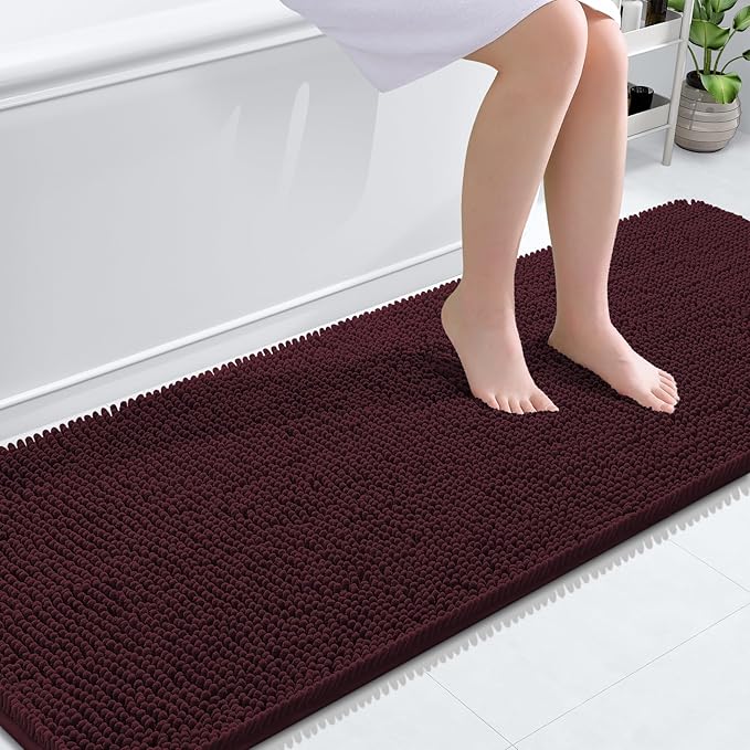 OLANLY Bathroom Runner Rugs 70x24, Soft Absorbent Chenille Bath Rugs, Rubber Backing Quick Dry, Machine Washable Long Bath Mats for Bathroom Floor, Tub and Shower, Home Decor Accessories, Black Cherry