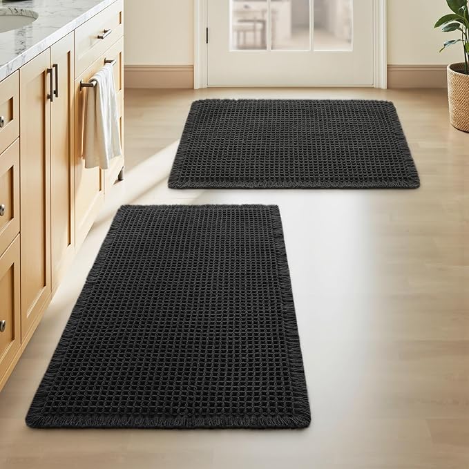 Upgraded Waffle Bath Mats Set of 2, Super Absorbent Non Slip Bath Mats for Bathroom Floor, Washable Boho Bathroom Rugs Set 2 Piece with Tassels, Soft Bathroom Mat Set, 17" x 24" (2 Pack), Black