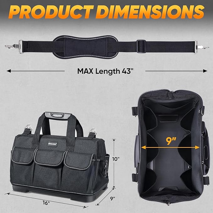 TICONN Heavy Duty Tool Bag with Multi-Pockets, Portable Tool Box Organizer Storage Bag, with Adjustable Shoulder Strap and Ergonomic Handle (Black, 16" Molded Base)