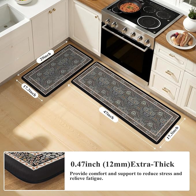 Collive Kitchen Mats for Floor, Cushioned Anti Fatigue Mat Floral Rugs 2 Piece Non Skid Waterproof Sink Rug, Memory Foam Comfort Standing Mat for Office, Laundry, Desk, Black/Mulit