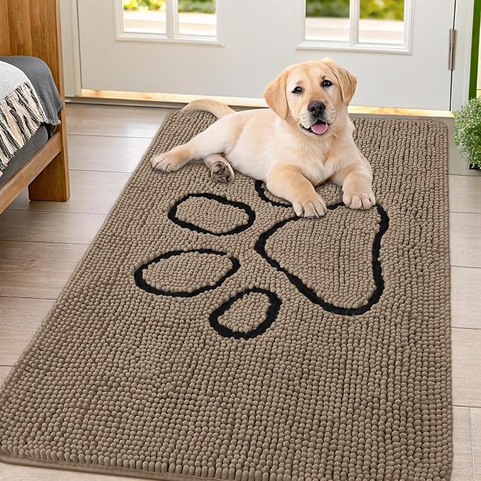 Smiry Dog Door Mat for Muddy Paws, Absorbent Dirt Trapper Non Slip Quick Dry Washable Chenille Mat for Mud Dogs, Entry Rug for Indoor and Outdoor (47x32 Inches, Camel and Black)