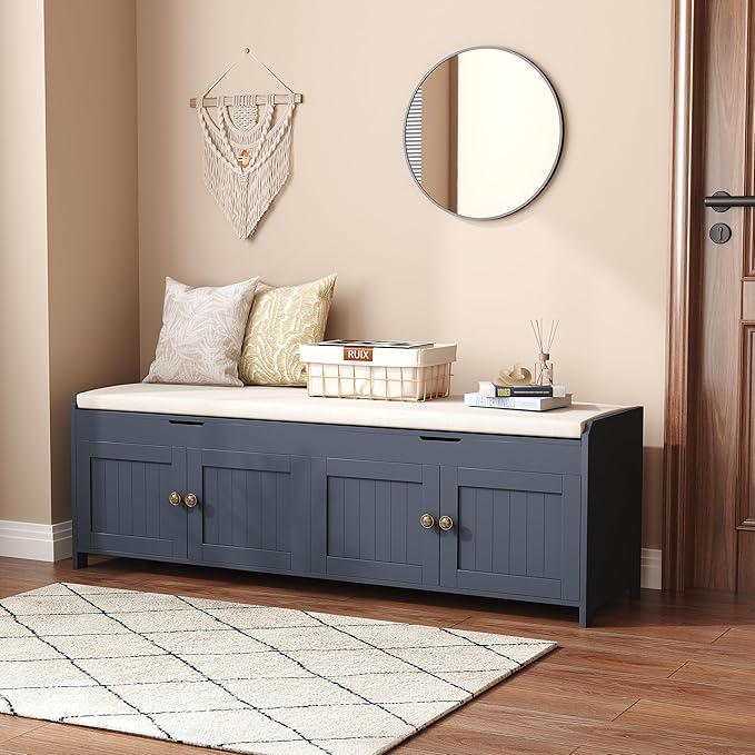 HOMEFORT 54.4" Shoe Bench with Lift Top Storage, Entryway Bench with Cushioned Seat, Wooden End of Bed Bench, Shoe Cabinet Bench with Hidden Storage Space, for Bedroom, Hallway,Blue
