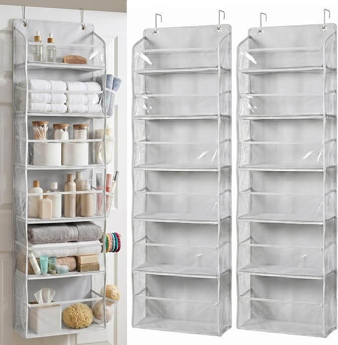 HOMELUX THEORY UPGRADED 6 Tiers Over The Door Organizer Hanging - 100D EXTRA THICK & 50lbs HUGE CAPACITY, 12 Side Mesh Pockets Over The Door Shoe Organizer, Hanging Closet Organizer (Transparent, 2pc)