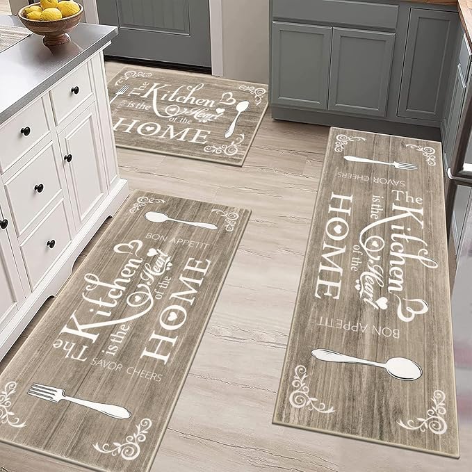 Vaukki Boho Kitchen Rug Sets 3 Pieces, Washable Kitchen Mats for Floor, Non Slip Soft Kitchen Area Rug Floor Mat for Kitchen, Laundry Room and Hallway (Dark Brown, 20''x32''+20''x47''+20''x59'')