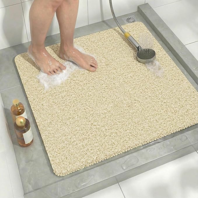 Square Loofah Shower Stall Mat 24"x24", Quick Drying Shower Mats with Drain, PVC Loofah Bath Mat for Wet Room & Bathroom Floor, Soft Textured & Elderly Safe, Washable & Resistant, Beige