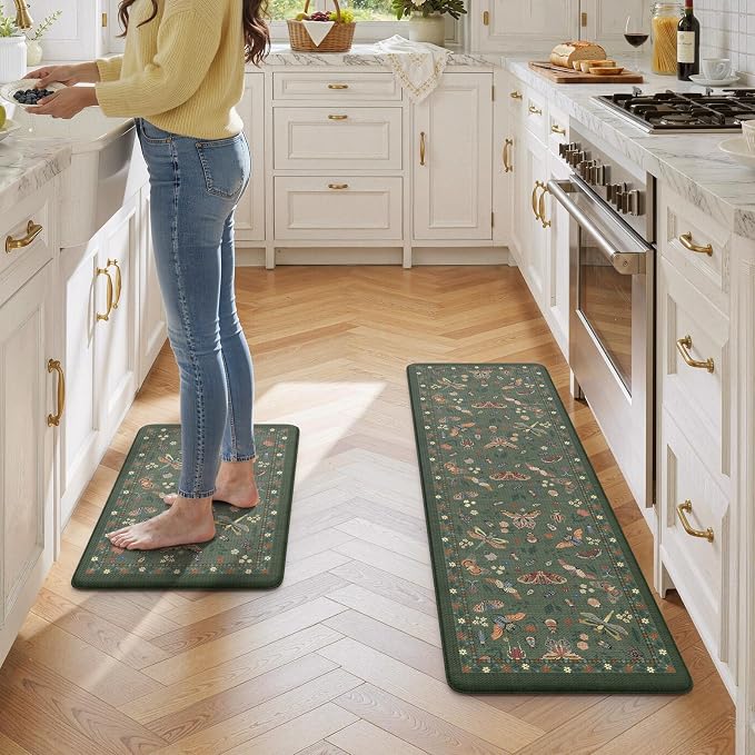 LEEVAN Anti Fatigue Mats for Kitchen Floor Non-Slip, Cushioned Kitchen Mats for Floor 17.3''x29''+17.3''x59'', Green Memory Foam Kitchen Mat Set