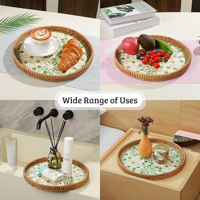 Round Rattan Tray with Mother of Pearl Inlay, Decorative Wicker Serving Tray with Wooden Base, Woven Basket Trays for Bread Fruits Coffee, Starfruit