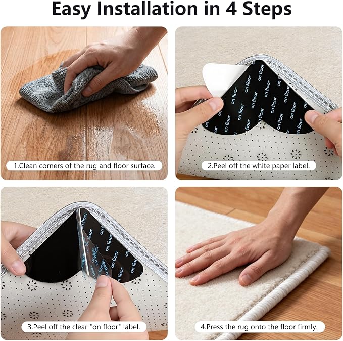 16PCS Rug Pad Grippers, Non Slip Carpet Stickers for Area Rugs, Hardwood Floor, Wood Floor, Tile Floors, Reusable Rug Corners Sticker to Hold Rug Down, Washable Carpet Stickers for Area Rugs(Black)