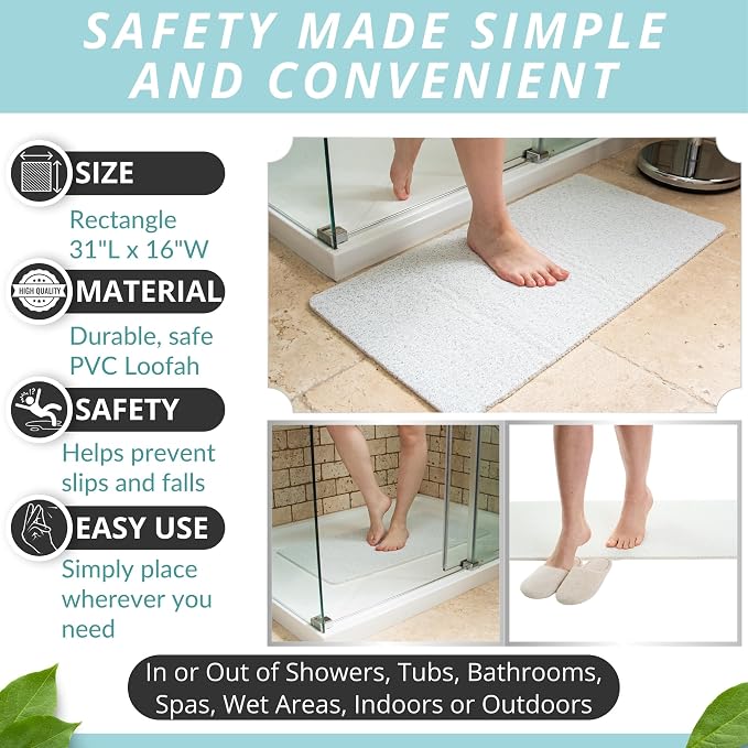 Non Slip Bathtub Mat Shower Mat for Tub - Loofah Bath Mats for Bathroom - 31x16 Bathtub Floor Mat - Textured Anti Slip Bath Mat Without Suction Cups - Secure Mat for Wet Areas (31x16 White)