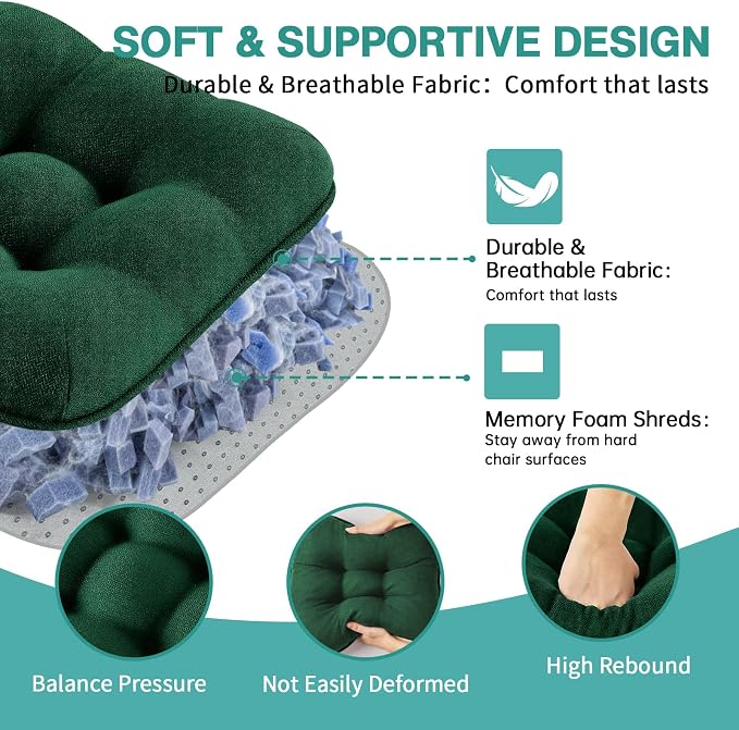 BETU Chair Cushions for Dining Chairs Set of 6,3.5" Thick Kitchen Table Chair Pads with Ties,Non Slip Backing and Covers, Seat Cushion for Dining Room,Bar,Patio Chairs,15.5"X15.5"X3.5",Dark Green