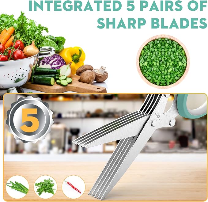 Herb Scissors with 5 Blades and Cover, Kitchen Herb Cutter with Cleaning Comb, Stainless Steel Multi Blade Herb Shears for Basil Parsley Cilantro, Easy Clean Cooking Tool, Unique Kitchen Gadgets Gift