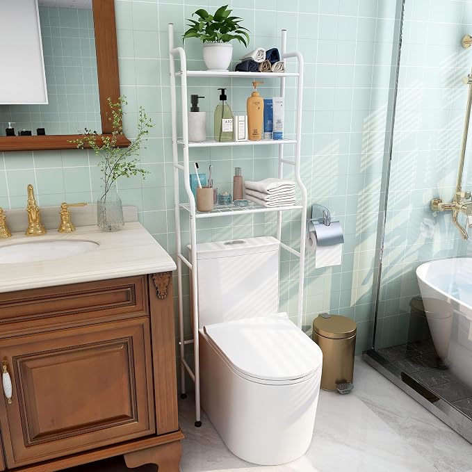 3-Shelf Bathroom Organizer Over The Toilet Space Saver Over The Toilet Rack Bathroom Corner Stand Storage Organizer (White)