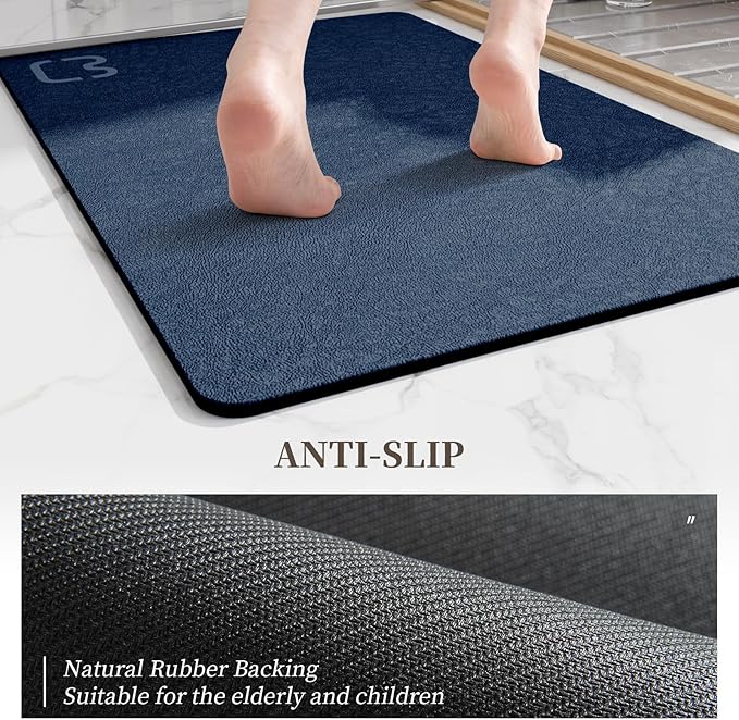RUERYA Bath Mat 17" x 59" Extra Long Bathroom Mat Large Fast Dry Super Absorbent Non-Slip Rubber Backed Shower Mat Bath Rugs Mats for Bathroom Floor, Tub, Shower, Sink, Navy Blue