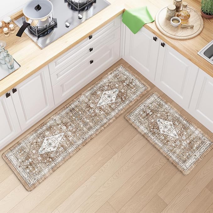 Collive Farmhouse Anti Fatigue Kitchen Mat, Cushioned Kitchen Rug Sets of 2 Waterproof Non Slip Kitchen Floor Mats Ergonomic Comfort Standing Mat for Laundry, Office, Sink, Desk, Cream/Brown
