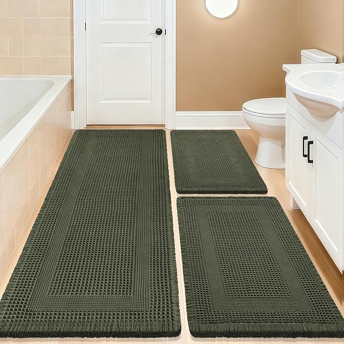 Waffle Bath Mat Set 3 Piece, Boho Woven Modern Bath Rug Absorbent Non Slip, Soft Bathroom Mats, Machine Washable Knit Bath Rugs with Tassels for Bathroom, Bedroom, Kitchen, Shower, Tub, Dark Green