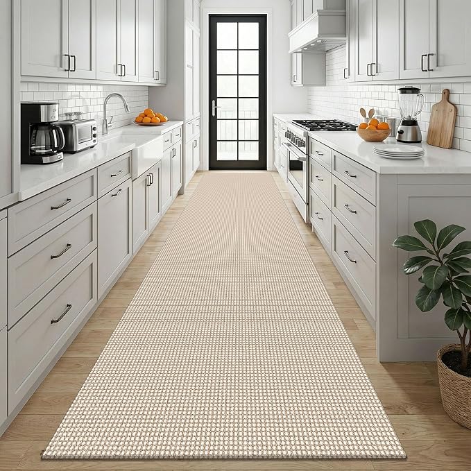 KOZYFLY Cotton 3x12 Runners Rugs for Hallway, Long Washable Runner Rug, Woven Non Slip Kitchen Runner, Braided Entryway Rug, Floor Carpet for Entry, Aisle, Hall, Ivory/Camel/Brown