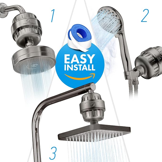 AquaHomeGroup 20 Stage Shower Filter with Vitamin C E and A - Reduces Chlorine, Heavy Metals and Sediment - 2 Cartridges Included - Consistent Flow - Brushed Nickel