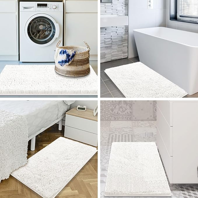 Smiry Luxury Chenille Bathroom Rugs 36x24, Extra Soft and Absorbent Shaggy Bath Mat, Machine Washable, Non-Slip Plush Carpet Runner for Tub, Shower, and Floor, Home Decor Accessories, Ivory