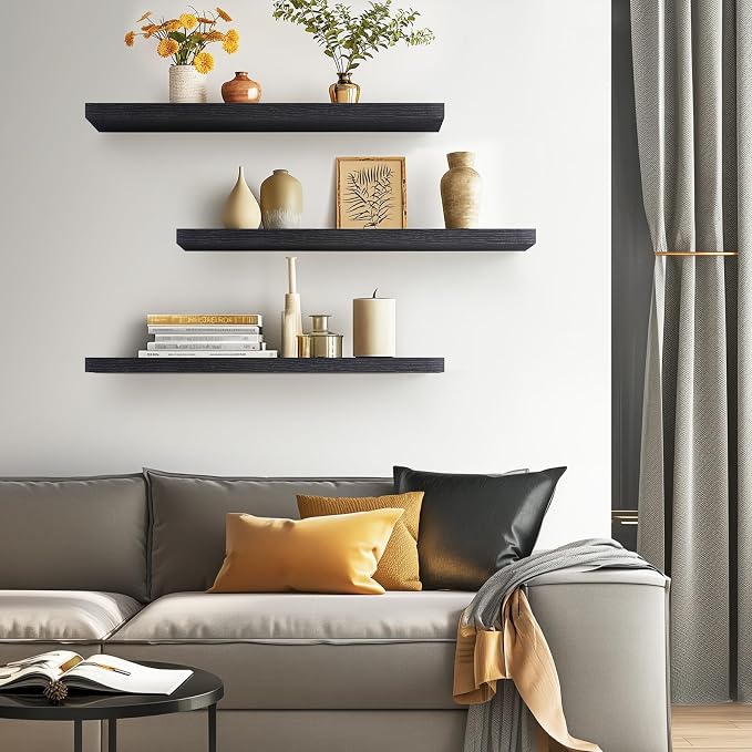 BAYKA Floating Shelves for Wall, Set of 3, 35.4 Inches Long Black Wall Mounted Rustic Wood Shelves for Bathroom, Bedroom, Living Room or Kitchen, for Book/Storage/Decor with 30lbs Capacity