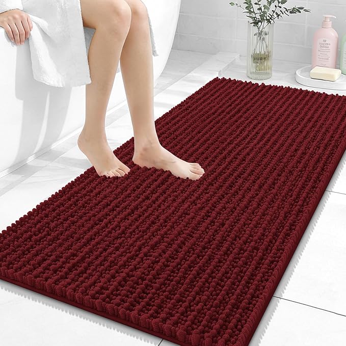 OLANLY Long Bathroom Rugs Runner 47x24, Thick Soft and Absorbent Chenille Bath Mat, Non-Slip, Machine Washable Quick Dry Bath Rugs for Tub Shower Floor, Home Decor Accessories, Burgundy