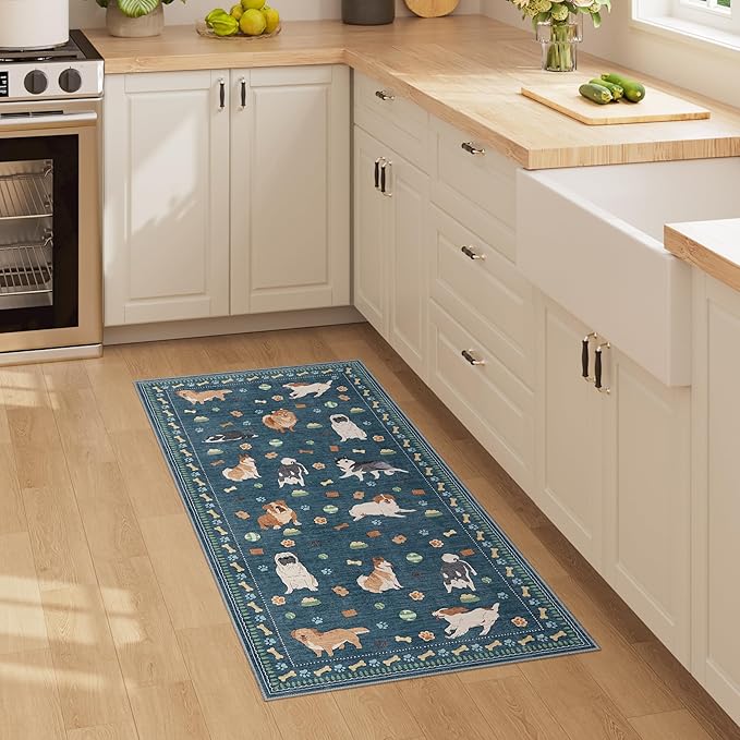 DUKINO 2x4 Runner Rug for Entryway, Animal Dog Print Washable Kitchen Rug with Non Slip, Low Pile Indoor Door Mat Non Shedding Small Throw Carpet Runner for Hallway, Bathroom, Laundry, Bedroom, Blue