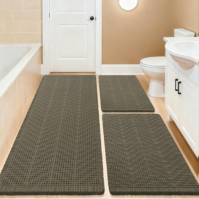 Upgrade Waffle Bath Mat Set 3 Piece, Greyish Green, Boho Bathroom Rugs Absorbent Non Slip, Ultra Soft Bathroom Mat, Machine Washable Knit Bath Rugs with Herringbones for Bathroom, Bedroom, Kitchen