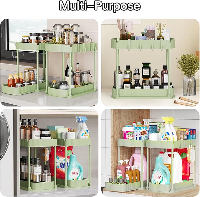 Ukeetap 2 Pack Multi-Purpose Pull-Out Storage Organizers, Under Sink Organizers and Storage for Bathroom & Kitchen, Under Cabinet Organizers and storage, 14.8 Inch, Green