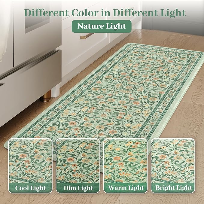 KIMODE Anti Fatigue Mats for Kitchen Floor, 17.3"x29"+17.3"x47" Farmhouse Kitchen Rugs Sets of 2, Cushioned Kitchen Mats for Floor Non Slip, Padded Standing Desk Mat for Sink Laundry Desk Green