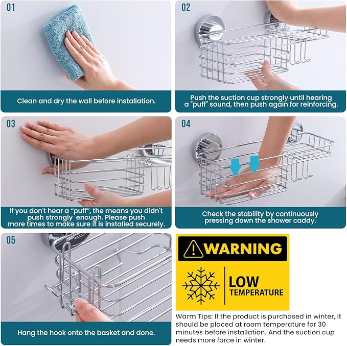 TAILI Shower Caddy Suction Cup with Hooks & Soap Holder, Heavy Duty Bathroom Shower Organizers, Removable Bathroom Shelves for Inside,Stainless Steel Bathroom Holder