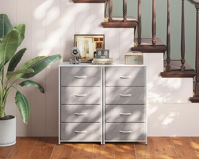 AODK Dresser for Bedroom with 4 Storage Drawers, Small Dressers Chest of Drawers Fabric Dresser with Sturdy Steel Frame, Dressers for Closet with Wood Top, Light Grey