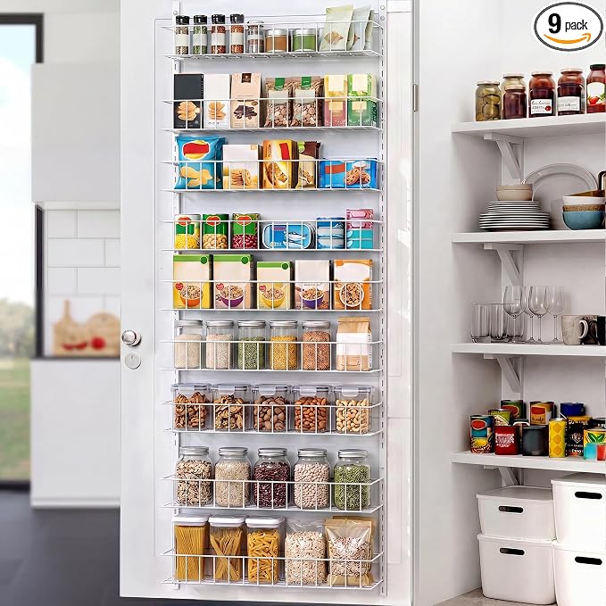 ElegantArray 9-Tier Pantry Door Oragnizer, Over The Door Pantry Organizer Rack and Storage, Hanging Spice Rack Shelves Door, Home Office Laundry Room Bathroom & Kitchen Organization, White
