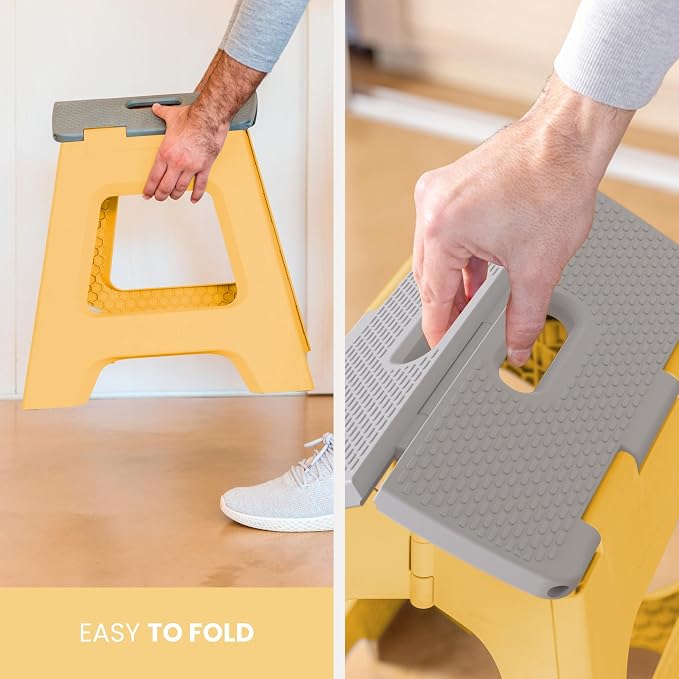 Vigar Compact Folding Step Stool - 12-1/2 Inch Foldable Step Stool for Adults, Lightweight Portable Stool with Handle, Non Slip Step Stool, Space-Saving Stool up to 330 lb - Spring Yellow