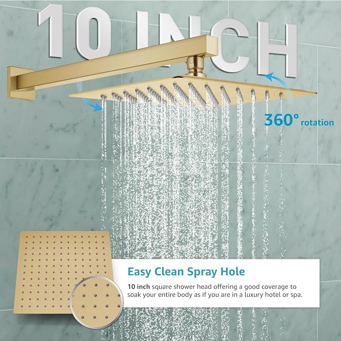 gotonovo Rainfall Bathroom Shower System Rain Shower Head and Handle Set Wall Mounted Shower Complete Combo Solid Brass Pressure Balancing Shower Mixer Valve 10 Inch Brushed Gold
