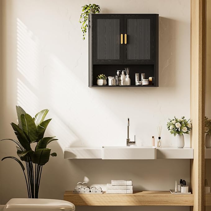 INNOD Bathroom Wall Cabinet, Wall-Mounted Medicine Cabinet with Adjustable Wood Shelf & Doors, Floating Bathroom Cabinet Over Toilet for Laundry Room & Kitchen & Living Room (Black)
