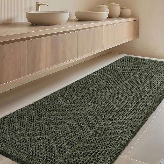 Extra Large Waffle Bath Mat, Boho Woven Modern Bath Rug Absorbent Non Slip, Ultra Soft Bathroom Mats, Machine Washable Knit Bath Rugs with Herringbones for Bathroom, Bedroom, Shower, 6'x2', Dark Green