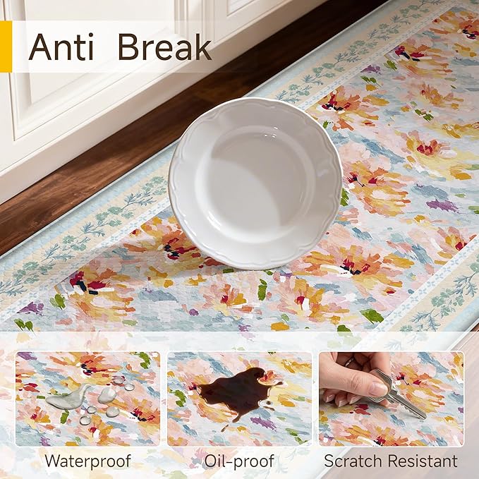 Anti Fatigue Kitchen Mats 2PCS Thick Non Slip Cushioned Rugs Blue Abstract Floral Waterproof Comfort Standing Mats for Floor Sink Laundry Office 17.3"×47"+17.3"×30"