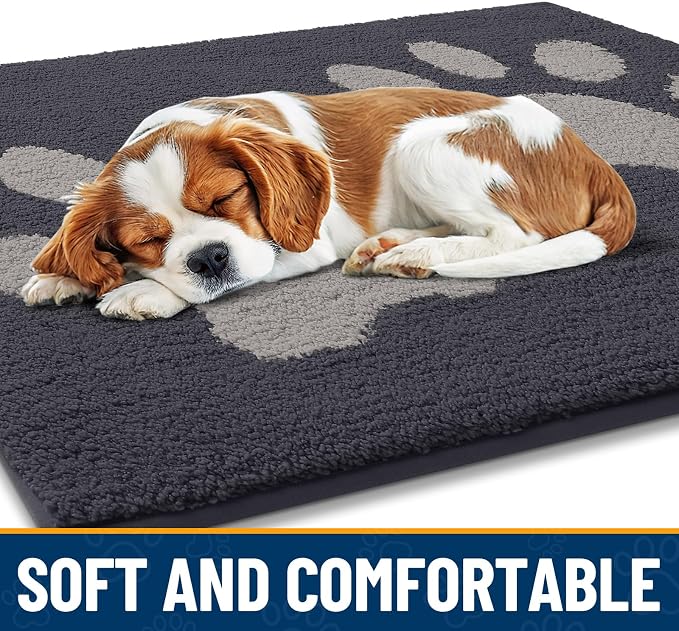 Smiry Dog Door Mat for Muddy Paws, Absorbs Moisture and Dirt, Low-Profile Entryway Mat with Non-Slip Backing, Entry Indoor Outdoor Doormat for Inside Floor (30x20 Inches, Dark Grey, Paw)