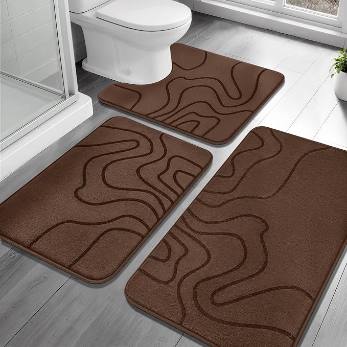 YIHOUSE Memory Foam Bathroom Rugs Sets 3 Piece - Extra Thick Ultra Soft Absorbent Bath Mat Set, Non-Slip Machine Washable Bath Rugs for Bathroom, Tub & Shower, Home Decor Accessories, Coffee