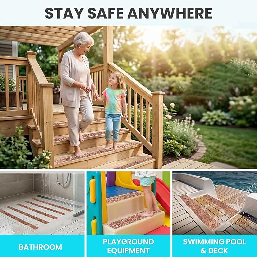 LifeGrip Outdoor Anti Slip Stair Treads 5-Pack, 6" X 32" Waterproof Rubber Grip Tape for Outdoor Stairs, Pool, Garden and Deck, Barefoot-Friendly Non Slip Step Strips, Brown