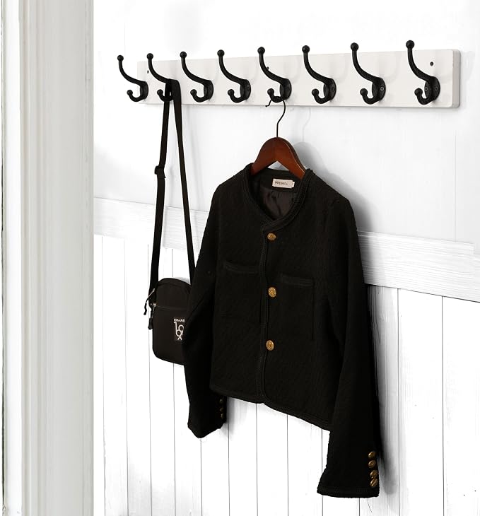 WEBI Rustic Coat Rack Wall Mount,35.43" Long 8 Cast Iron Coat Hooks Wall Mounted,Heavy Duty Wall Coat Hanger Hooks for Hanging Coats,Clothes,Black on White