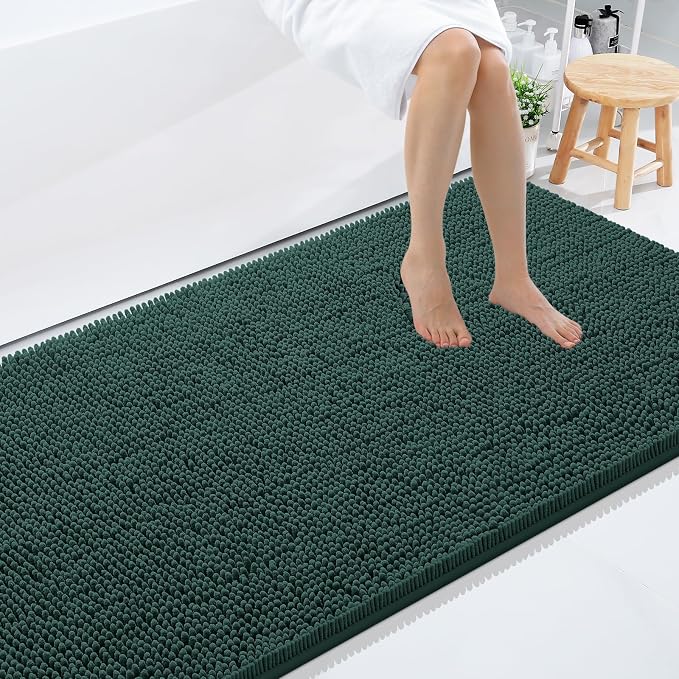 Smiry Luxury Chenille Bathroom Rugs 59x35, Extra Soft and Absorbent Shaggy Bath Mat, Machine Washable, Non-Slip Plush Carpet Runner for Tub, Shower, and Floor, Home Decor Accessories, Green